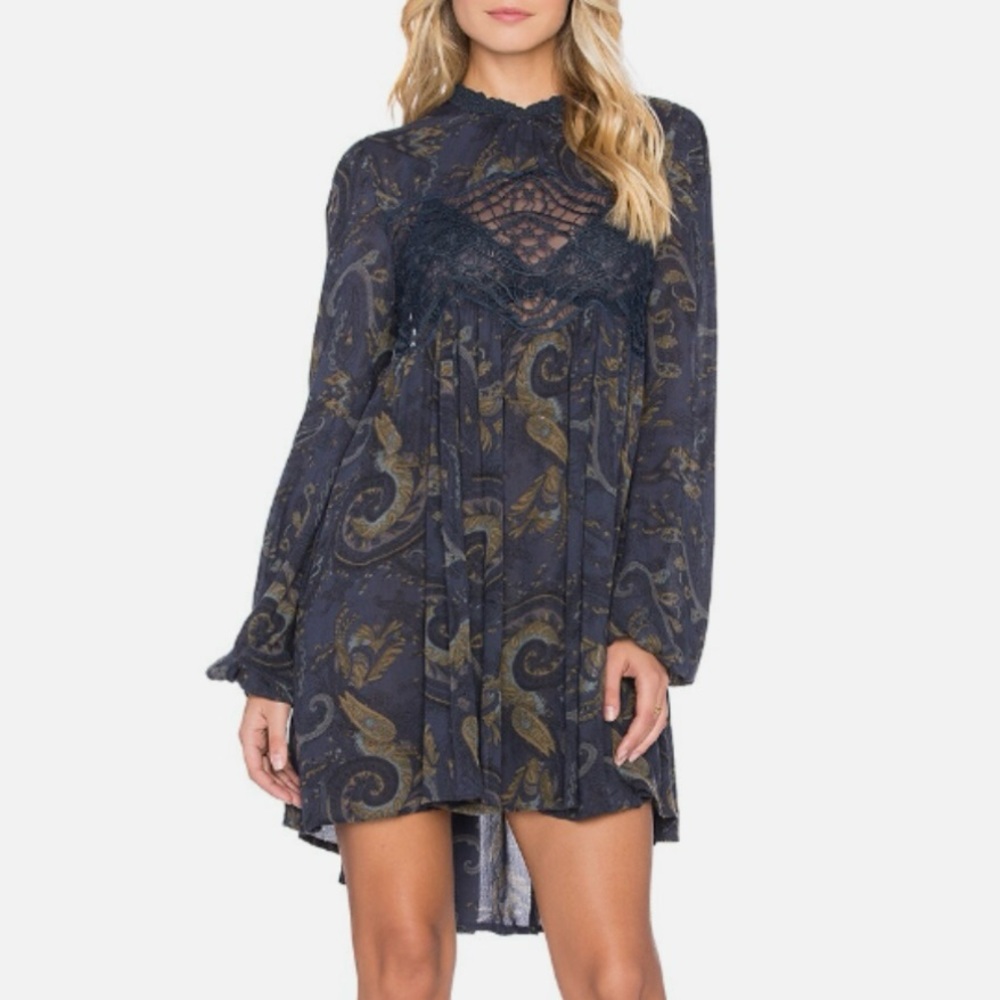 Free People Navy Blue Paisley Long Sleeve Mini Dress